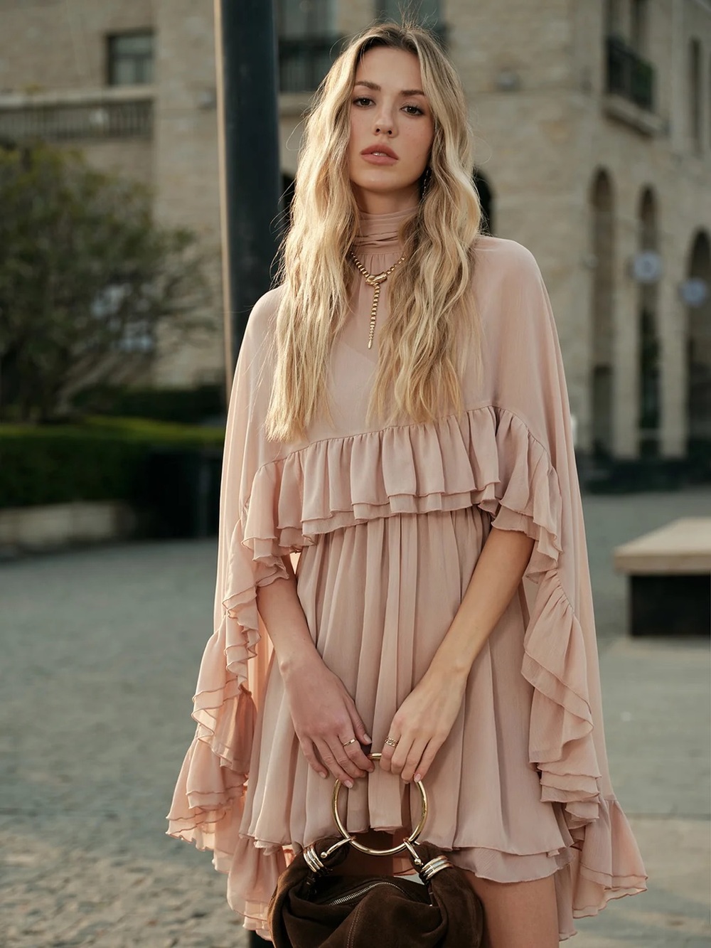 COMMENSE Semi-Sheer Chiffon Ruffle Dress With Outer Cape - size Medium